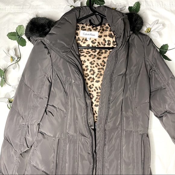Calvin Klein hooded Trim Faux Fur puffy Coat Gray - Picture 2 of 16